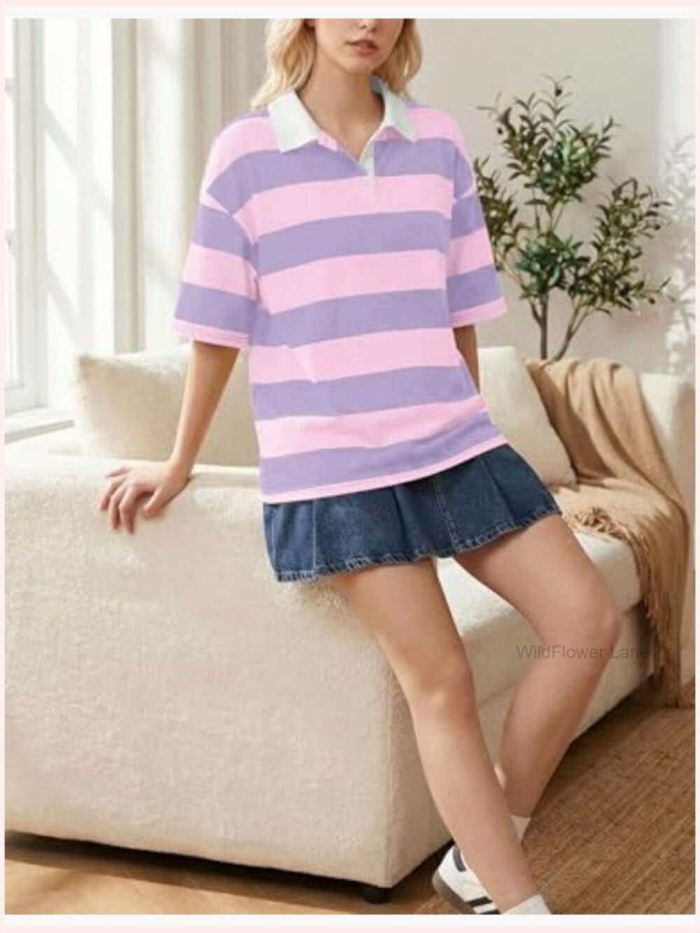Oversized Striped Rugby Polo Shirt V-Neck Short Sleeve Summer Top - Picture 4 of 5